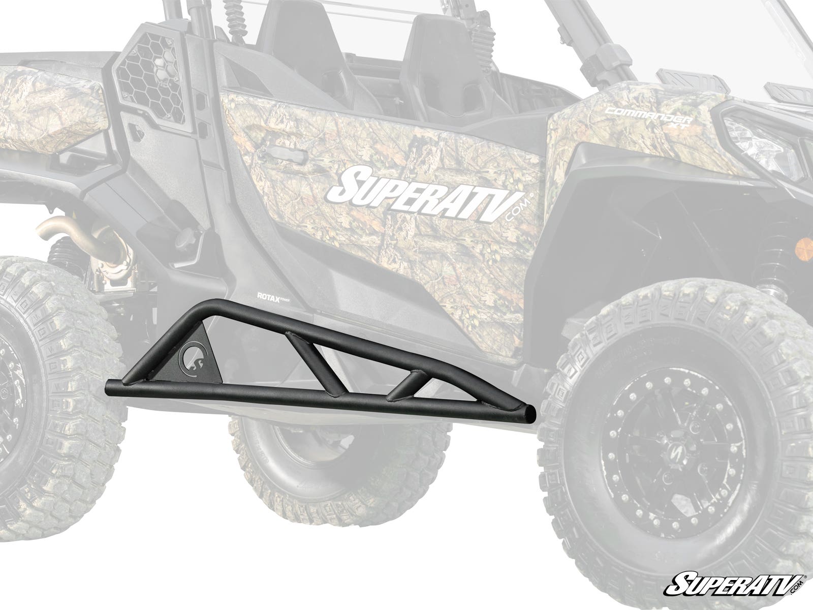A black Can-Am Commander 1000 Tree Kicker with angular supports is shown in front of a partially faded camouflage-patterned side-by-side. The SuperATV logo in white appears at the bottom right corner of the image.