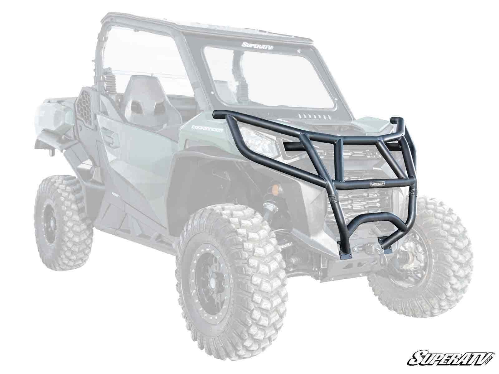 The Can-Am Commander Front Bumper, a black heavy-duty model with angled bars and an integrated grille guard, is displayed over a semi-transparent off-road utility vehicle. The SuperATV logo appears in the bottom right corner.