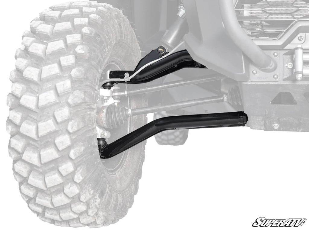 A close-up of a Can-Am Maverick Sport with Atlas Pro 1.5 Forward Offset A-Arms shows the robust black suspension connected to the front left tire. The SuperATV logo appears in the bottom right corner, highlighting the upgraded A-arms.