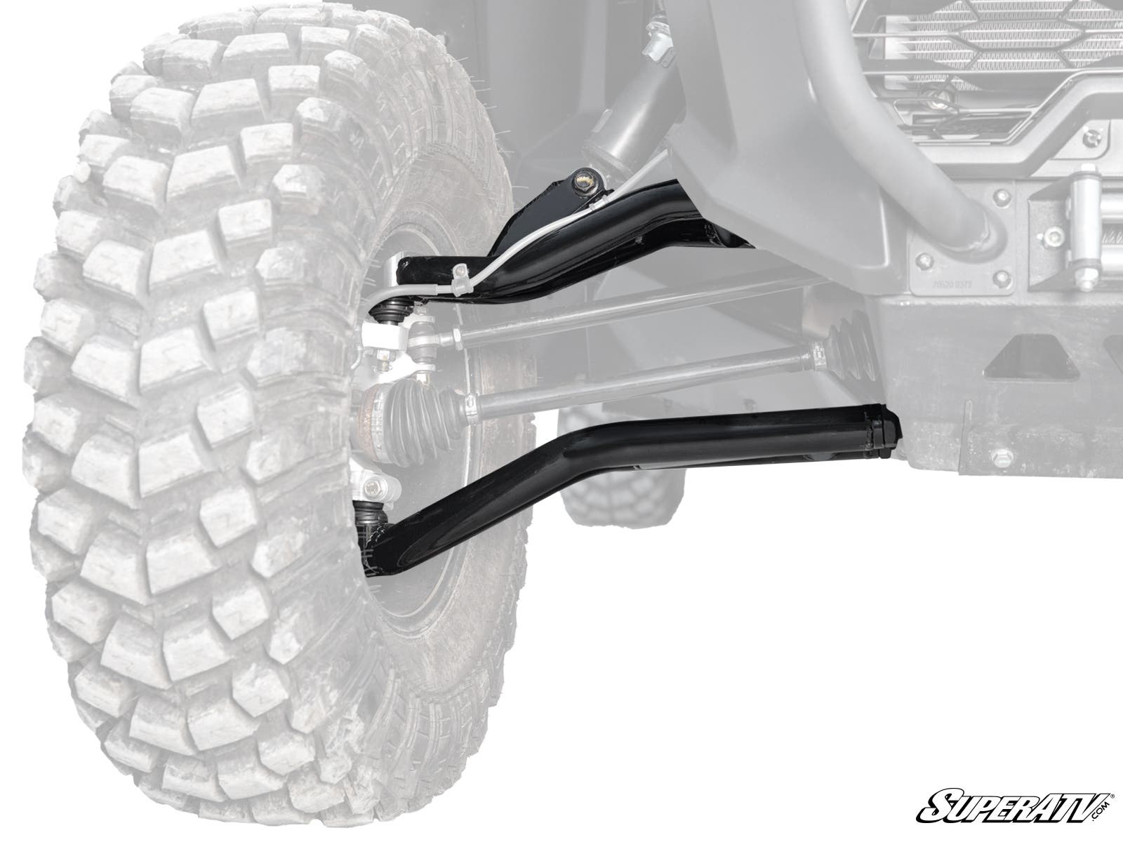 A close-up of a Can-Am Maverick Sport with Atlas Pro 1.5 Forward Offset A-Arms shows the robust black suspension connected to the front left tire. The SuperATV logo appears in the bottom right corner, highlighting the upgraded A-arms.