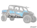 A partially transparent blue Can-Am is shown with black Can-Am Commander Max 1000 Heavy-Duty Nerf Bars featuring an angular design, installed below the doors along the lower side to provide added protection for off-road use.