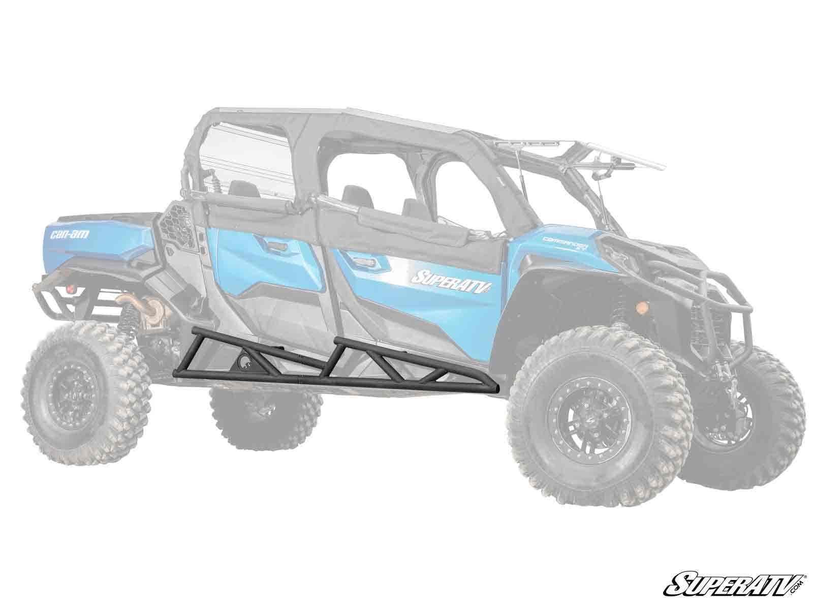 A partially transparent blue Can-Am is shown with black Can-Am Commander Max 1000 Heavy-Duty Nerf Bars featuring an angular design, installed below the doors along the lower side to provide added protection for off-road use.