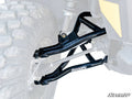 A close-up of the Can-Am Defender HD8 High-Clearance 2 Forward Offset A-Arms shows large off-road tires, black A-arms with the SuperATV logo, plus visible shocks, tie rod, and axles. The white background highlights these suspension components.
