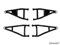 Four black metal A-arms with triangular shapes from the Can-Am Defender 6 Lift Kit are arranged in mirrored pairs on a white background. The SuperATV logo is visible in the bottom right corner of the photo.