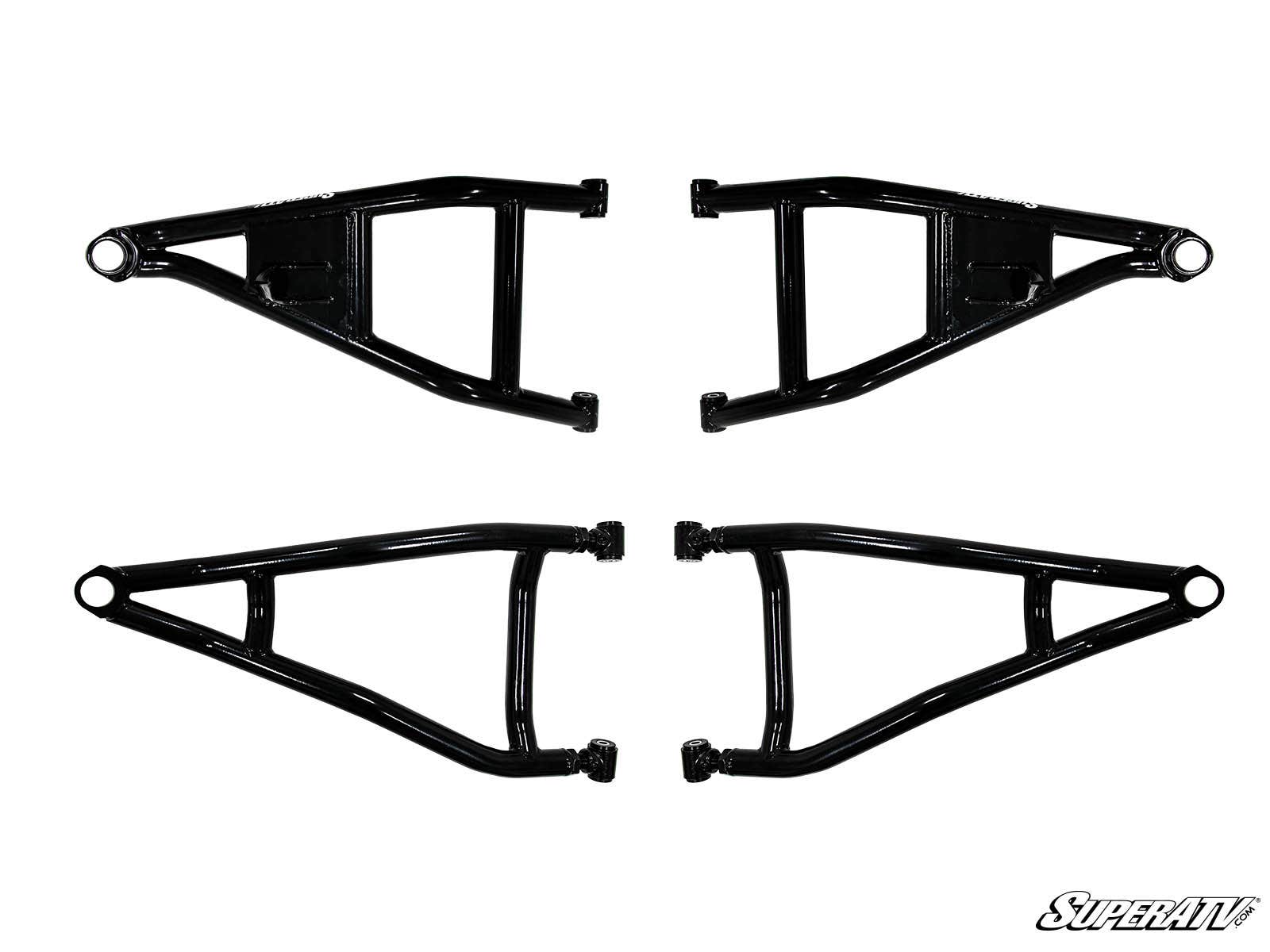 Four black metal A-arms with triangular shapes from the Can-Am Defender 6 Lift Kit are arranged in mirrored pairs on a white background. The SuperATV logo is visible in the bottom right corner of the photo.