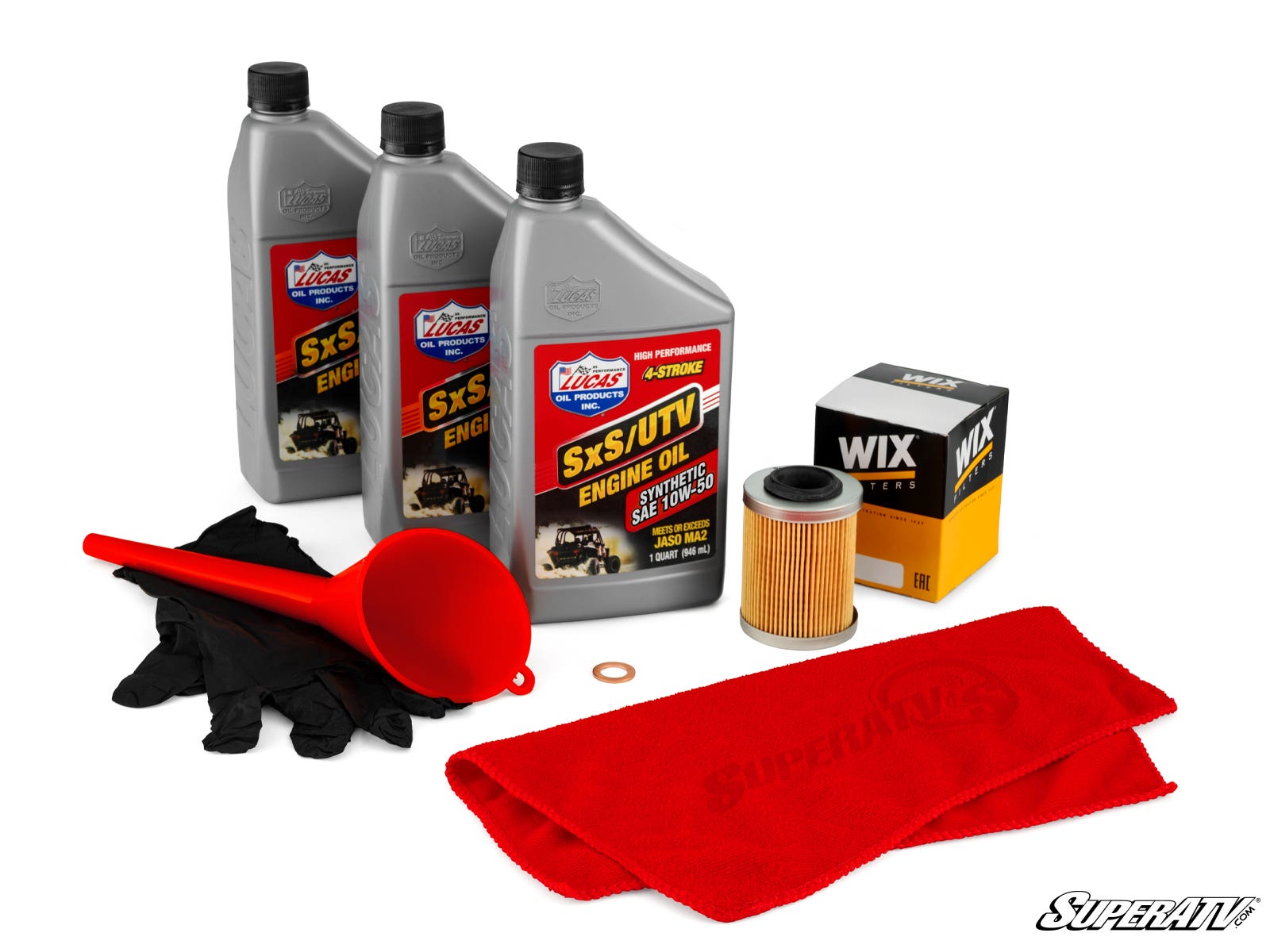 The Up & Running CFMOTO CForce Oil Change Kit includes three bottles of engine oil, a red funnel, black gloves, a copper washer, an oil filter, and a SuperATV-branded red cloth arranged on a white background.