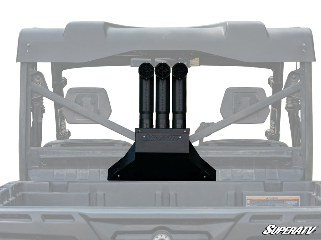 A rear view of a black off-road vehicle features the Can-Am Defender Depth Finder Snorkel Kit, with three SuperATV-branded vertical intake tubes behind the cab. The white background highlights the snorkel kit and vehicle structure.