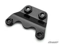 A glossy black Can-Am Maverick R Radius Arm Nut Weld Plate with four circular mounting holes—two on each corner—and smooth, reflective contours is shown against a white background. The SuperATV logo appears in the bottom right corner.