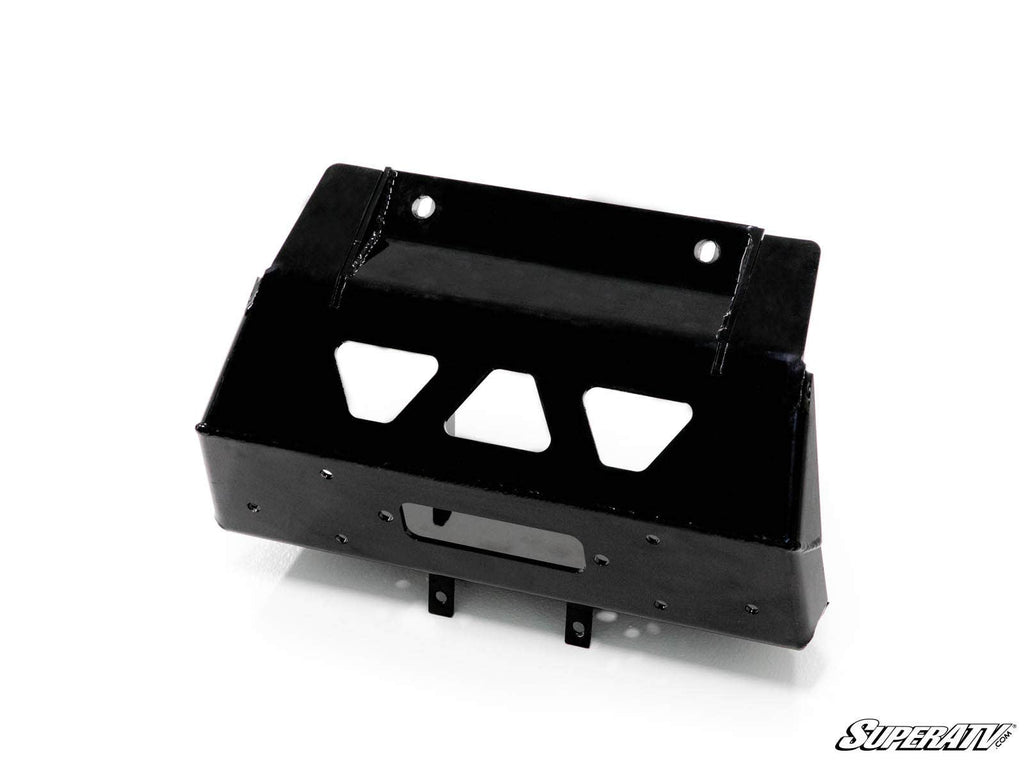 The Can-Am Maverick Trail Winch Mounting Plate is shown—a black, rectangular metal bracket with angled sides, triangular cutouts, and multiple mounting holes. The SuperATV logo appears in the bottom right corner against a white background.
