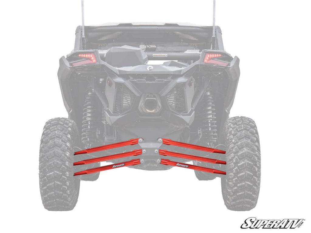 Rear view of an off-road vehicle with large, rugged tires, highlighting four bright red Can-Am Maverick X3 Boxed Radius Arms attached to the suspension under the back. The background vehicle is faded to emphasize the radius arms.