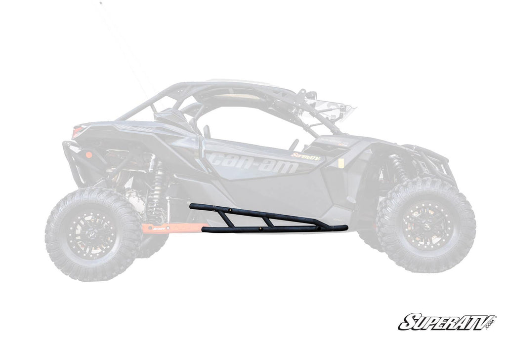 The Can-Am Maverick X3 Nerf Bars are shown in black metal, overlaid on a transparent side-by-side vehicle to highlight attachment to the lower side frame. The SuperATV logo appears in the bottom right corner.