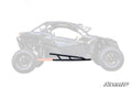 The Can-Am Maverick X3 Nerf Bars are shown in black metal, overlaid on a transparent side-by-side vehicle to highlight attachment to the lower side frame. The SuperATV logo appears in the bottom right corner.