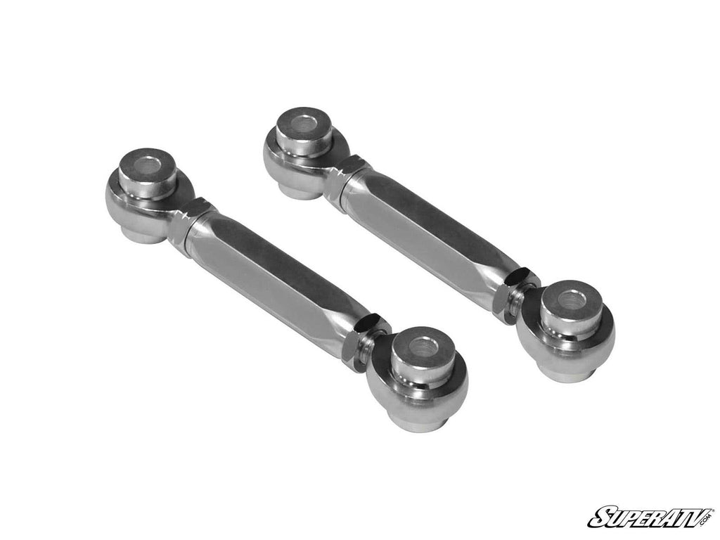 Two silver Can-Am Maverick X3 Adjustable Sway Bar Links with hexagonal shafts and spherical bearings at each end are shown side by side on a white background. The SuperATV logo appears in the bottom right corner.