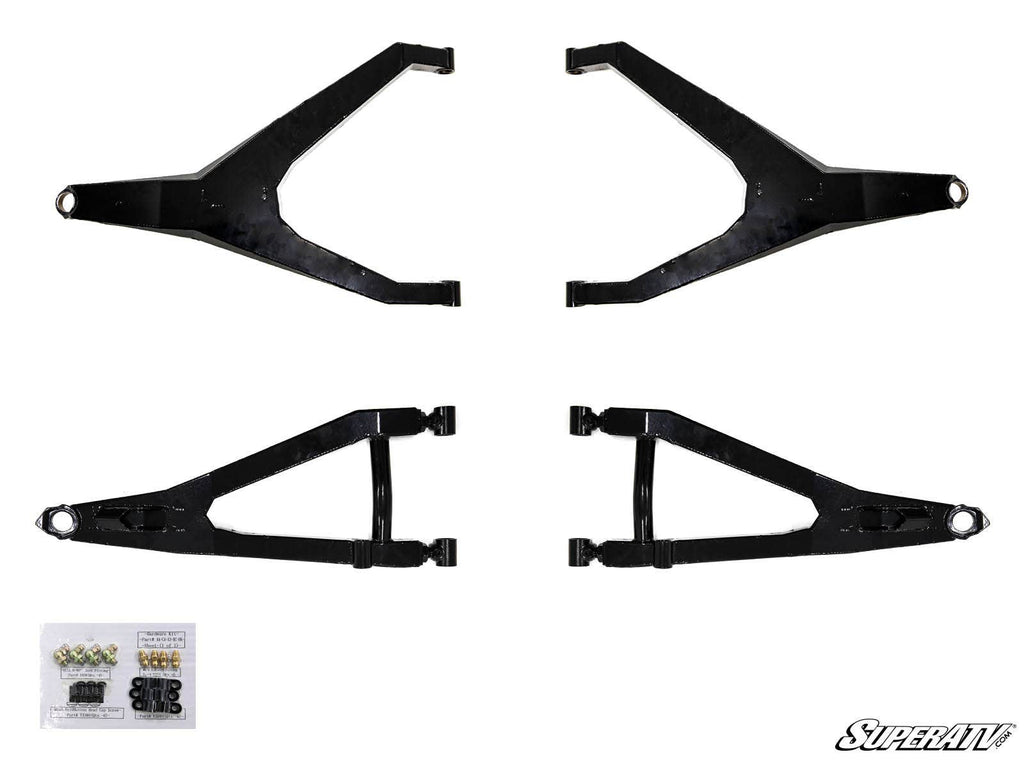 Four black Can-Am Maverick X3 High Clearance Boxed Front A-Arms, two upper and two lower, are shown on a white background with bolts, nuts, and washers in the bottom left corner and the SuperATV logo in the lower right.