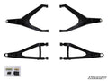 Four black Can-Am Maverick X3 High Clearance Boxed Front A-Arms, two upper and two lower, are shown on a white background with bolts, nuts, and washers in the bottom left corner and the SuperATV logo in the lower right.