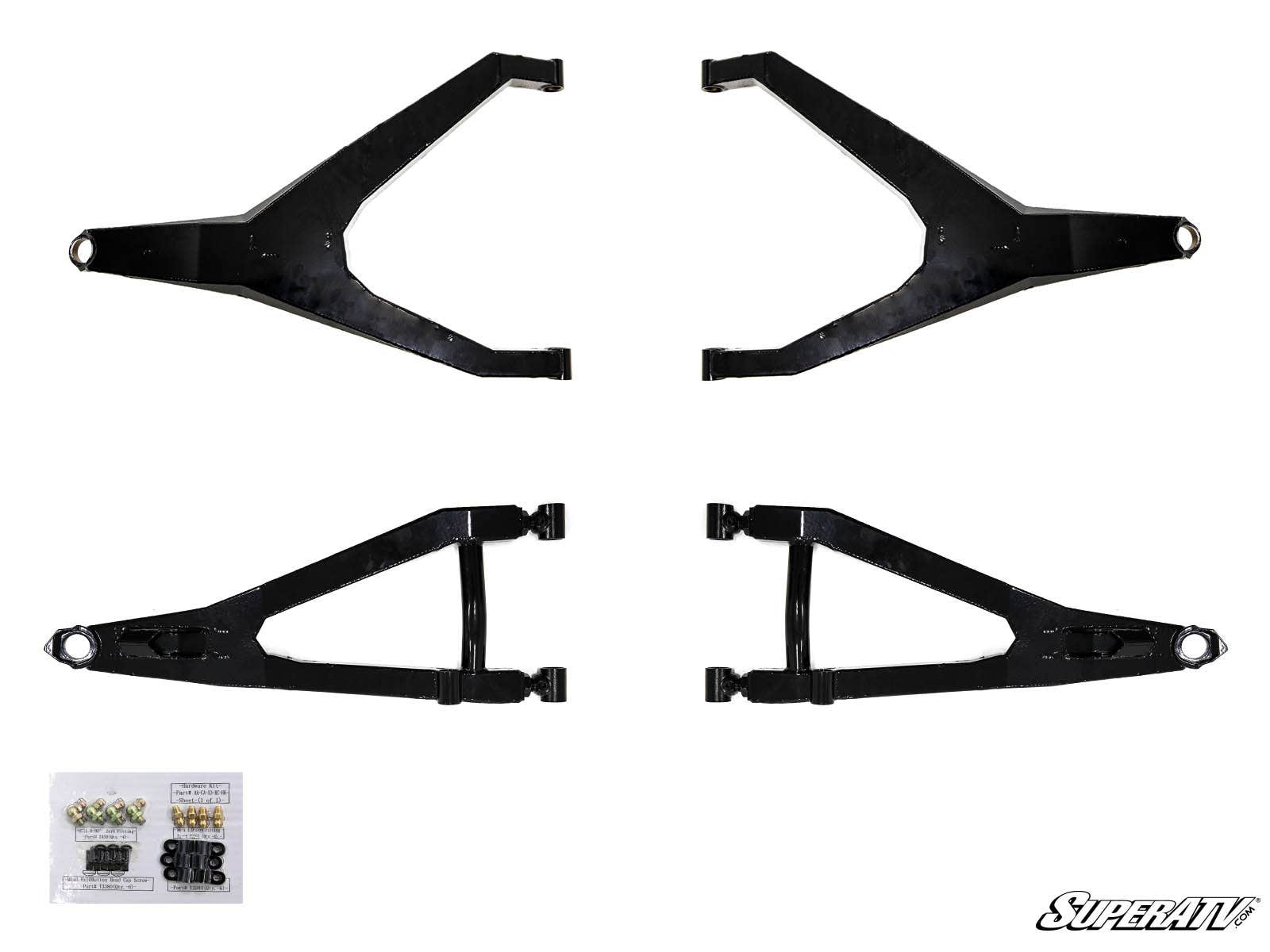 Four black Can-Am Maverick X3 High Clearance Boxed Front A-Arms, two upper and two lower, are shown on a white background with bolts, nuts, and washers in the bottom left corner and the SuperATV logo in the lower right.