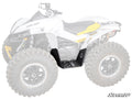 A white Can-Am ATV with large off-road tires is shown. Its faded body highlights the black Can-Am Renegade Footwells mounted beneath the central chassis. The SuperATV logo appears in the bottom right corner.