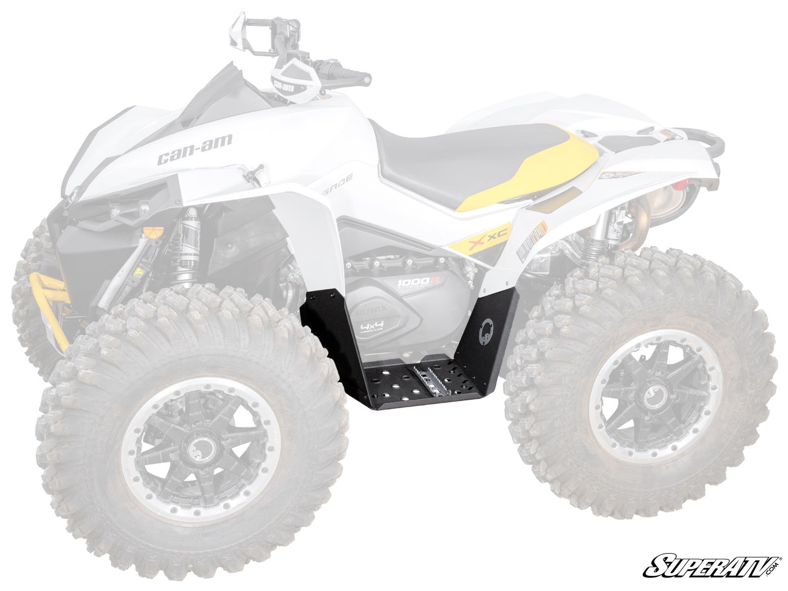 A white Can-Am ATV with large off-road tires is shown. Its faded body highlights the black Can-Am Renegade Footwells mounted beneath the central chassis. The SuperATV logo appears in the bottom right corner.