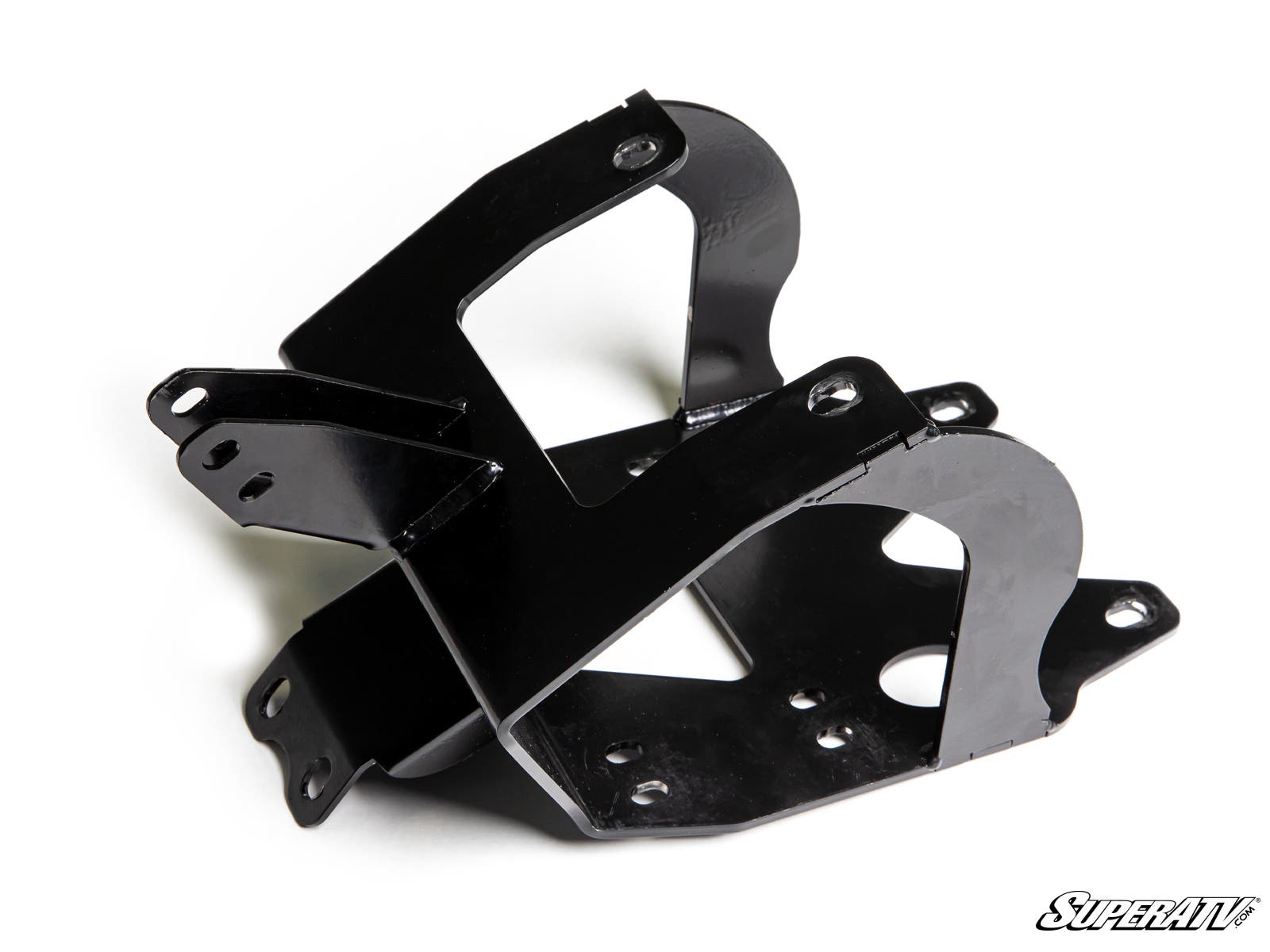 A black metal Can-Am Renegade Winch Mounting Plate with multiple holes and angled, bent surfaces is crossed on a white background. The SuperATV logo is at the bottom right. Designed for off-road vehicle suspension systems.