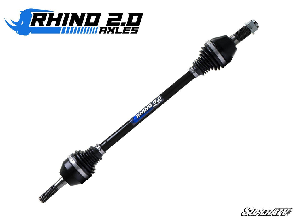 A Can-Am Maverick Sport 1000 Heavy-Duty Axle Rhino 2.0 with protective boots is shown on a white background. The Rhino 2.0 Axles logo appears at the top left, SuperATV at the bottom right, and a blue Rhino 2.0 label is centered on the axle.
