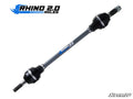 A Can-Am Defender HD9 Heavy-Duty Axles Rhino 2.0 by SuperATV is shown diagonally on a white background, featuring black rubber boots, metallic joints, and a gray Rhino 2.0 shaft. Product logos appear in the top left and bottom right corners.