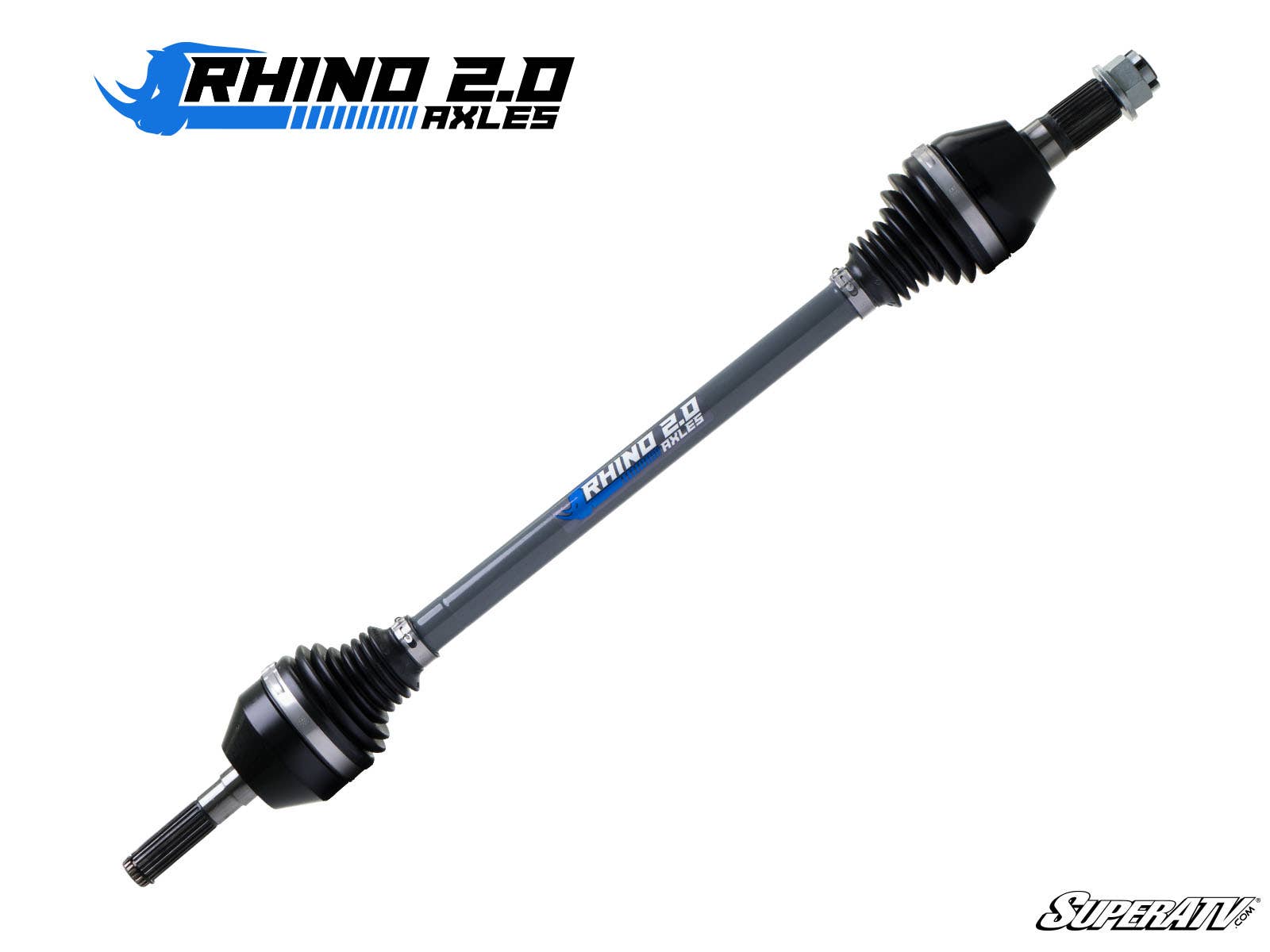 A Can-Am Defender HD9 Heavy-Duty Axles Rhino 2.0 by SuperATV is shown diagonally on a white background, featuring black rubber boots, metallic joints, and a gray Rhino 2.0 shaft. Product logos appear in the top left and bottom right corners.