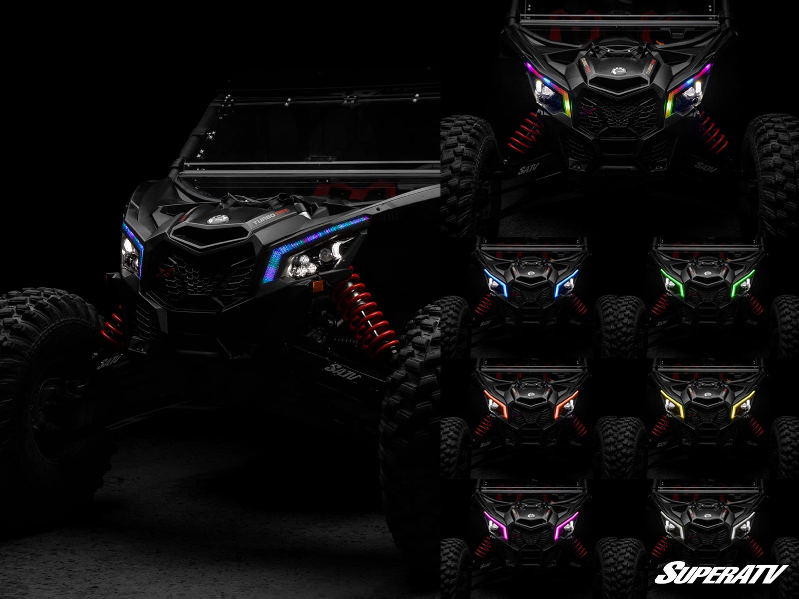 A Can-Am Maverick X3 with black body and red suspension is shown in low light, featuring Fang Lights headlights in eight colors: white, blue, cyan, green, purple, orange, red, and yellow. SuperATV appears in white text at the bottom right.