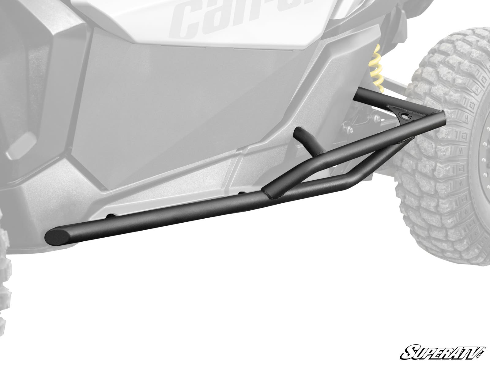Can-Am Maverick X3 Tree Kickers are mounted along the side of an off-road vehicle, protecting the lower body and frame. The grayscale image highlights their angular, tubular design, with the SuperATV logo in the bottom right corner.