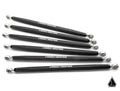 Six black Turret Style Heavy Duty Radius Rods for Can-Am Maverick X3, each with silver joints and ASSAULT INDUSTRIES in white text, are arranged diagonally on a white background. The Assault Industries logo is at the lower right.