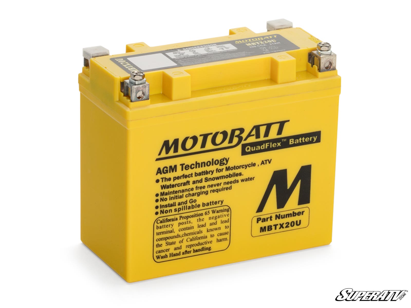 A yellow Can-Am Maverick X3 Motobatt battery replacement features dual top terminals, AGM technology, a maintenance-free, non-spillable design, part number MBTX20U, and a prominent Motobatt logo on the front.