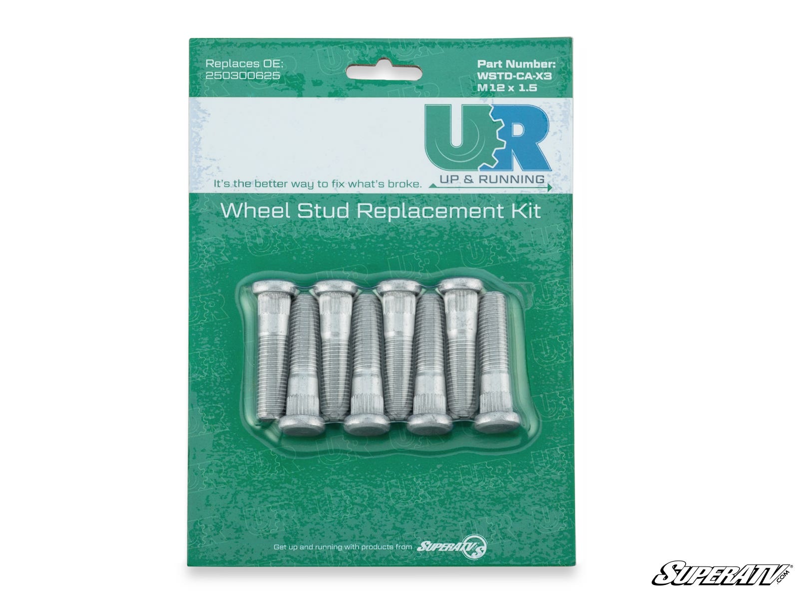 A green retail pack labeled “Up & Running Can-Am Maverick X3 Wheel Studs” holds five silver studs. The packaging shows “Part Number: WSTUD-CA-X3,” “M12 x 1.5,” and the SuperATV logo in the lower right corner.