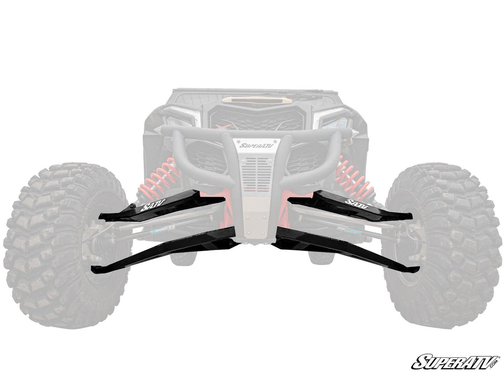 A Can-Am Maverick X3 with most of its body faded, highlighting black SuperATV 1.5 Forward Offset Sidewinder A-Arms on the front suspension. Large rugged front tires and red coils are visible; SuperATV logo in the bottom right corner.