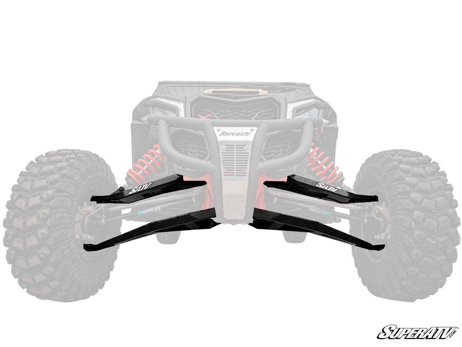 A Can-Am Maverick X3 with most of its body faded, highlighting black SuperATV 1.5 Forward Offset Sidewinder A-Arms on the front suspension. Large rugged front tires and red coils are visible; SuperATV logo in the bottom right corner.