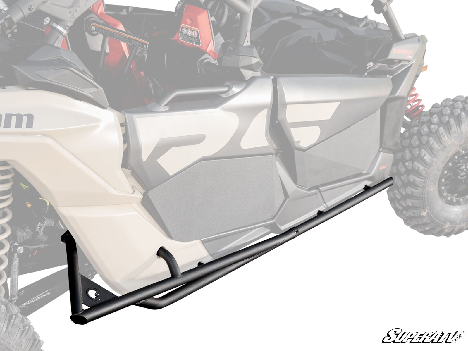 Can-Am Maverick X3 MAX Tree Kickers are shown mounted below the door of a beige off-road vehicle with rugged tires and visible suspension. The background fades to highlight the tree kickers, with the SuperATV logo in the corner.