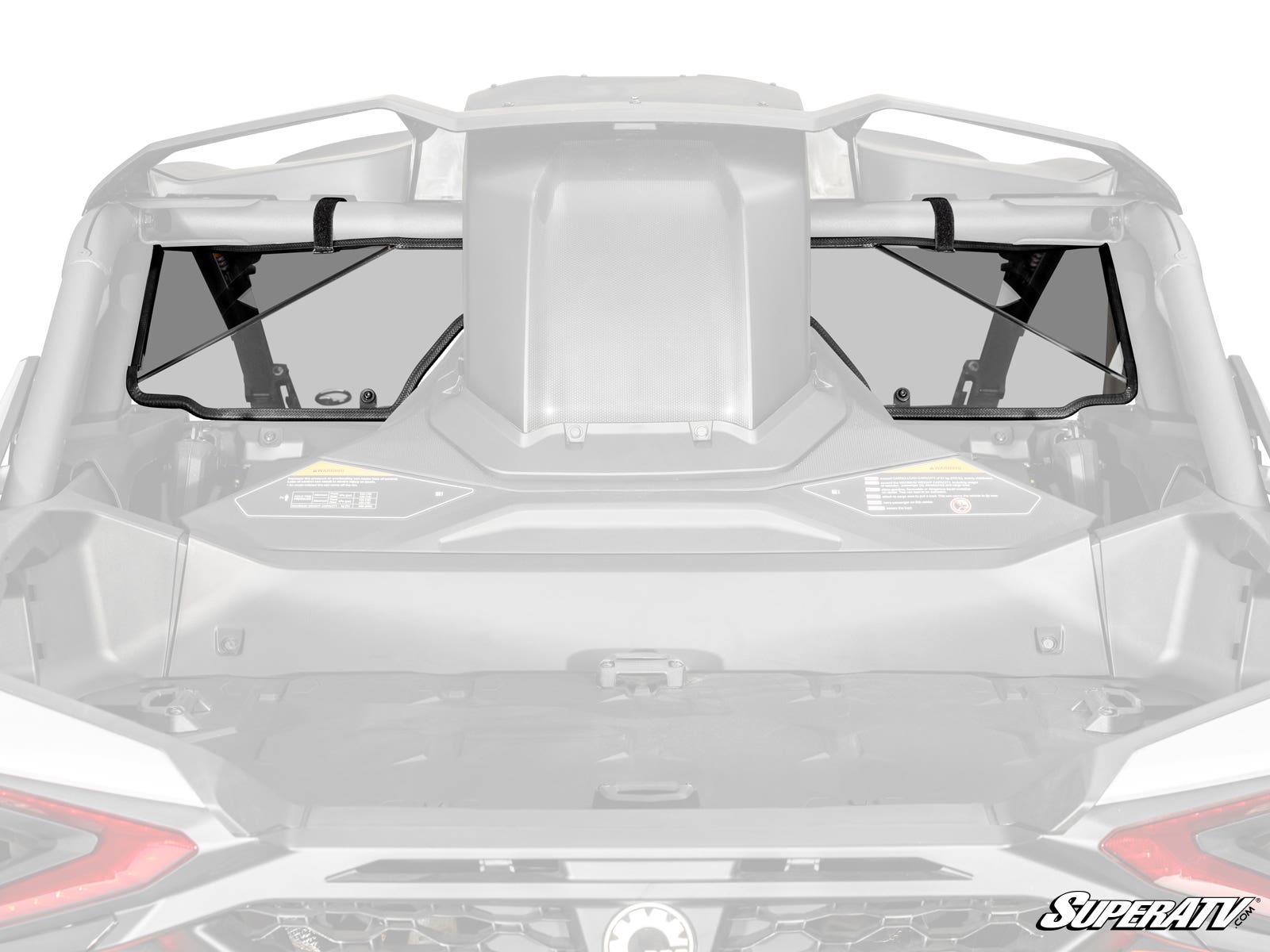 Close-up rear view of a Can-Am Maverick R with the SuperATV Rear Windshield installed. The clear, two-panel windshield is secured to the roll cage with black mounting straps and features the SuperATV logo in the bottom right corner.