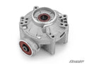 The Up & Running Can-Am Defender HD5 Rear Differential features a silver cylindrical aluminum housing with red rubber seals on two circular openings and multiple mounting points. The SuperATV logo is shown in the bottom right on a white background.