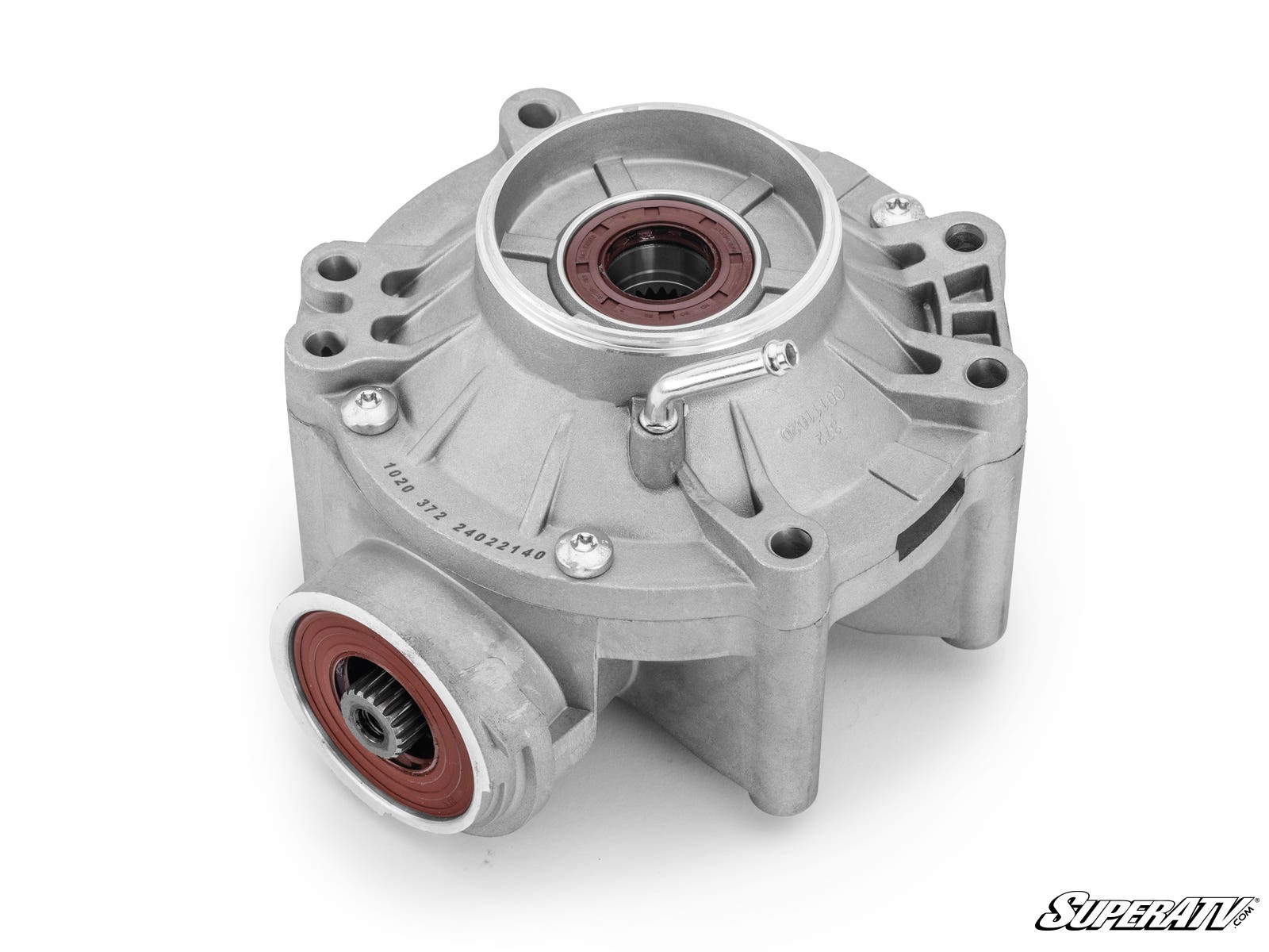 The Up & Running Can-Am Defender HD5 Rear Differential features a silver cylindrical aluminum housing with red rubber seals on two circular openings and multiple mounting points. The SuperATV logo is shown in the bottom right on a white background.