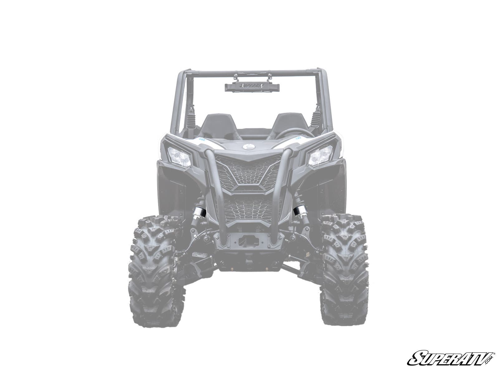 A monochrome front view of a rugged Can-Am Maverick Trail UTV with large knobby tires, roll cage, and two seats. The image is partially faded and features the SuperATV logo in the lower right corner. Product shown: 3 Lift Kit.
