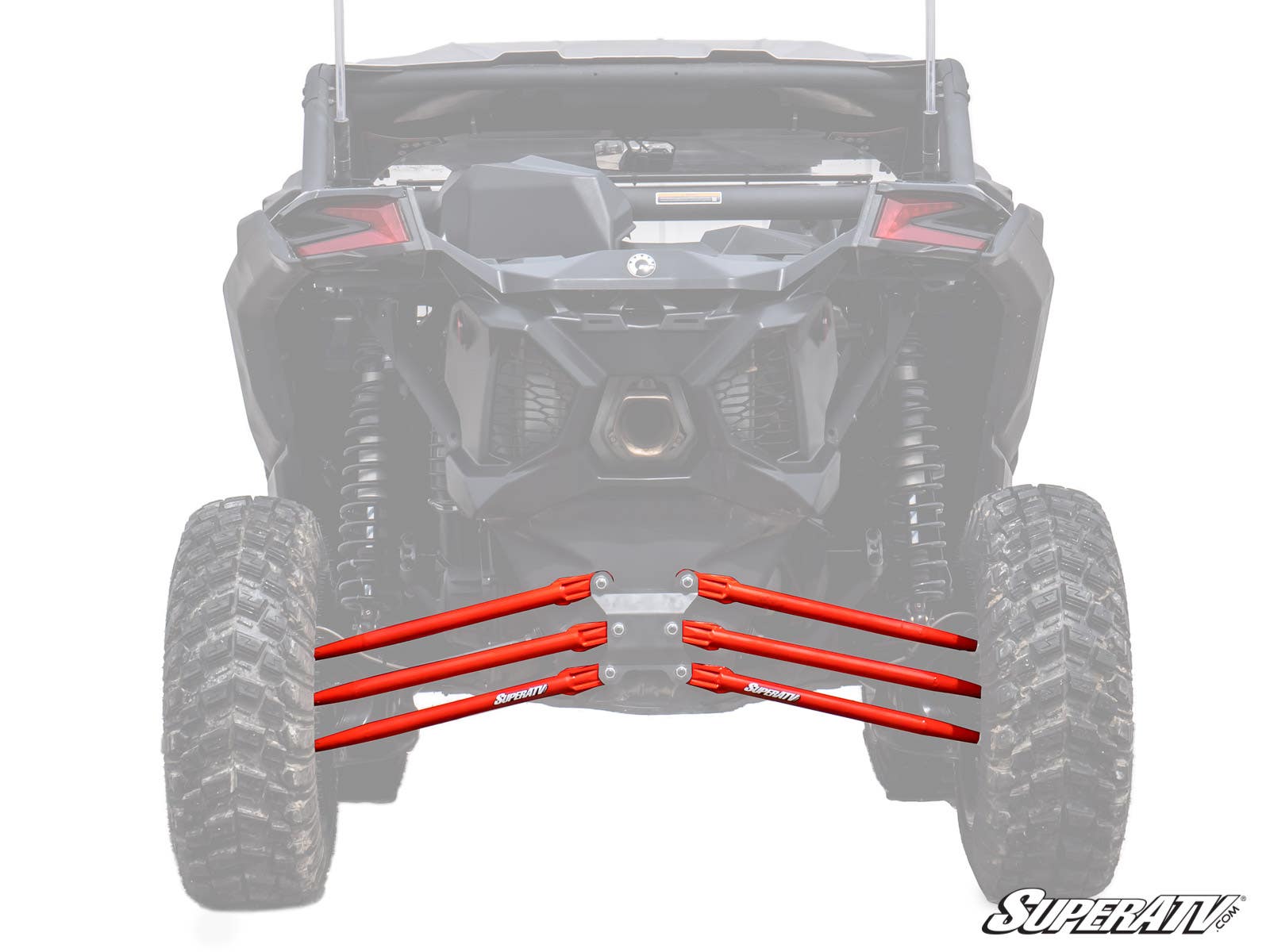 A rear view of a black off-road vehicle showcases its suspension and large tires, with four bright red Can-Am Maverick X3 Tubed Radius Arms prominently displayed in front of the rear wheels. The faded background highlights these upgraded suspension parts.