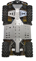 A view under a CanAm G1 Outlander MAX with four rugged tires and a Skid plate full set (aluminium) protecting the chassis. The metallic skid plate, attached with bolts, features multiple cutouts and angular sections for durability.
