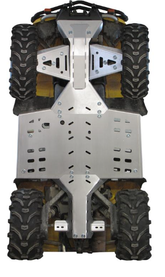 A view under a CanAm G1 Outlander MAX with four rugged tires and a Skid plate full set (aluminium) protecting the chassis. The metallic skid plate, attached with bolts, features multiple cutouts and angular sections for durability.