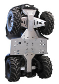 The CanAm G1 Outlander is displayed upright, revealing its Skid plate full set (aluminium) with visible bolts and cutouts. Large, rugged tires and the durable, shiny skid plate offer complete chassis protection for off-road use.