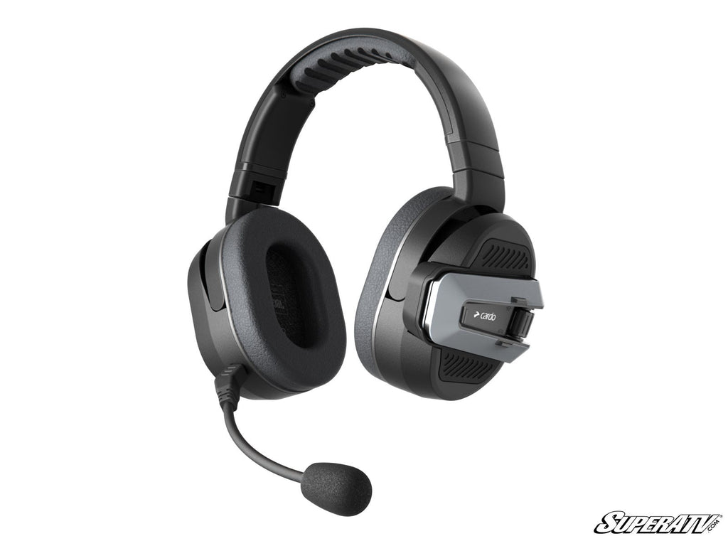 The Cardo Packtalk Edgephones Headset is a black over-ear gaming headset with cushioned ear pads, an adjustable headband, a flexible boom mic, visible controls on the right ear cup, and the SuperATV logo in the bottom right corner.