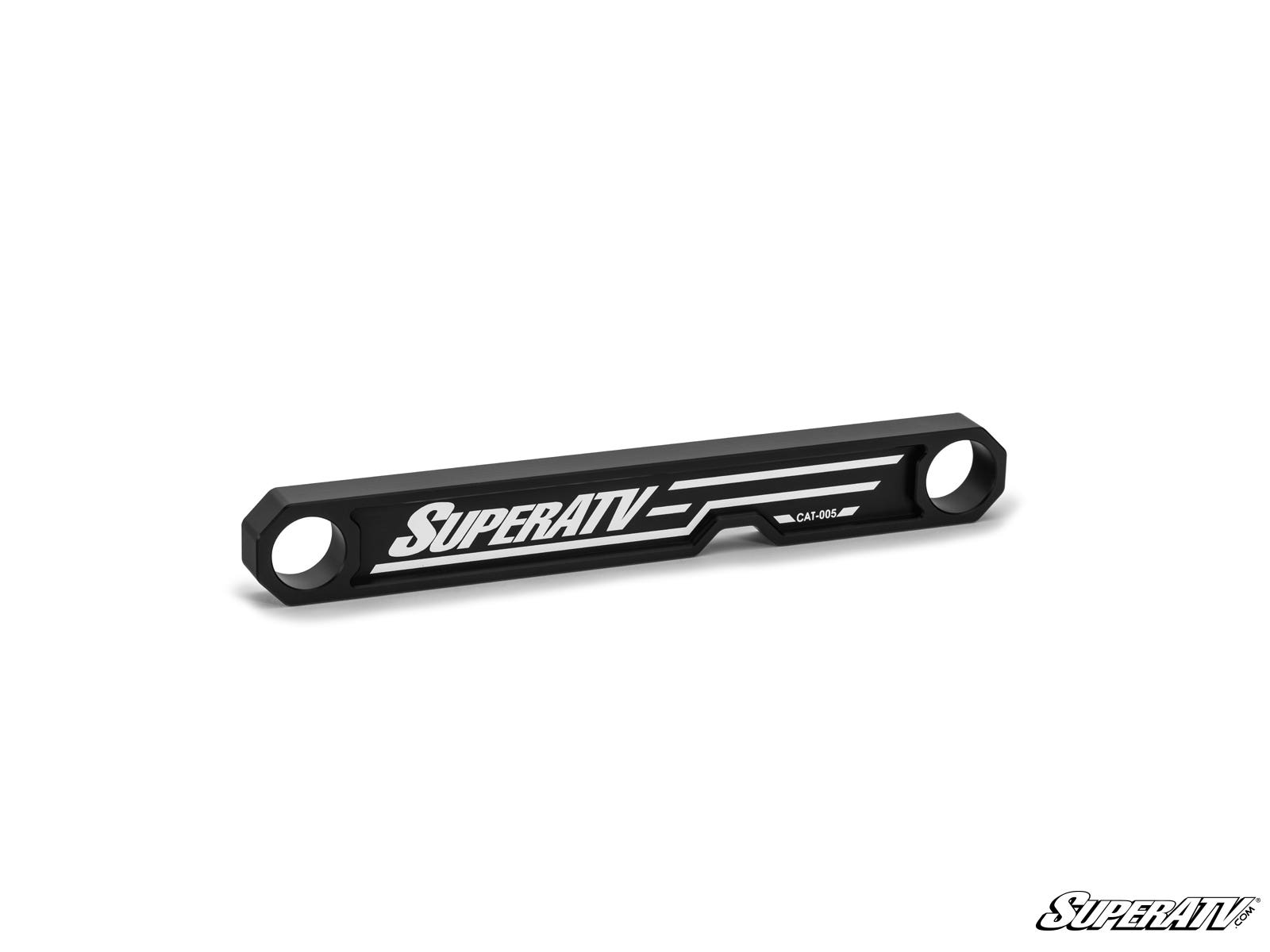 A black, rectangular metal Polaris RZR 900 Clutch Alignment Tool features beveled edges and two circular holes at each end. SuperATV is printed in bold white letters on the front with accent lines and a logo in the bottom right corner.