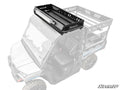A CFMOTO UForce 1000 Outfitter Roof Rack in black metal with slotted sides and a raised edge, mounted on a gray off-road utility vehicle, holds a long LED light bar. The cab and cargo area are shown in grayscale to highlight the rack.