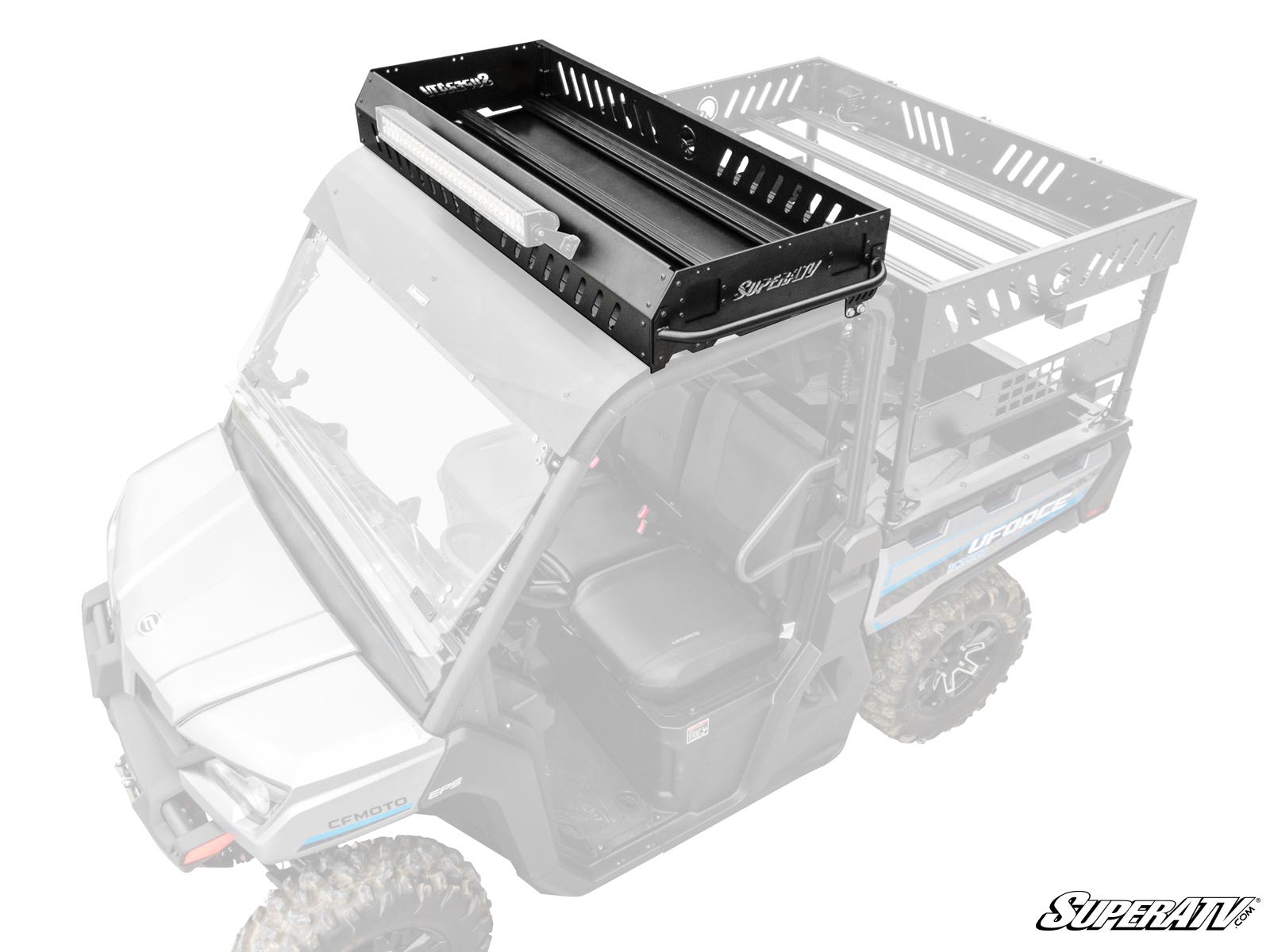 A CFMOTO UForce 1000 Outfitter Roof Rack in black metal with slotted sides and a raised edge, mounted on a gray off-road utility vehicle, holds a long LED light bar. The cab and cargo area are shown in grayscale to highlight the rack.