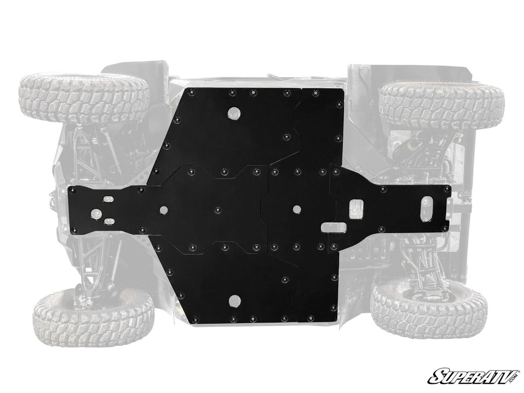 A black CFMOTO UForce 1000 Full Skid Plate with multiple bolts and cutouts is mounted under an off-road vehicle, shown faded in the background. The SuperATV logo is visible in the bottom right corner.