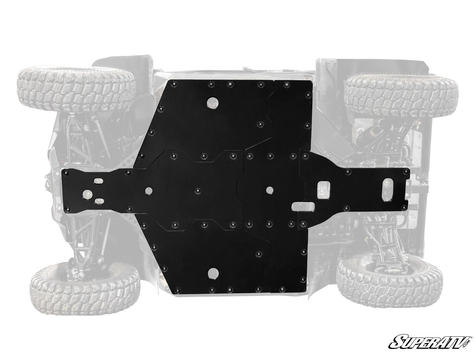 A black CFMOTO UForce 1000 Full Skid Plate with multiple bolts and cutouts is mounted under an off-road vehicle, shown faded in the background. The SuperATV logo is visible in the bottom right corner.