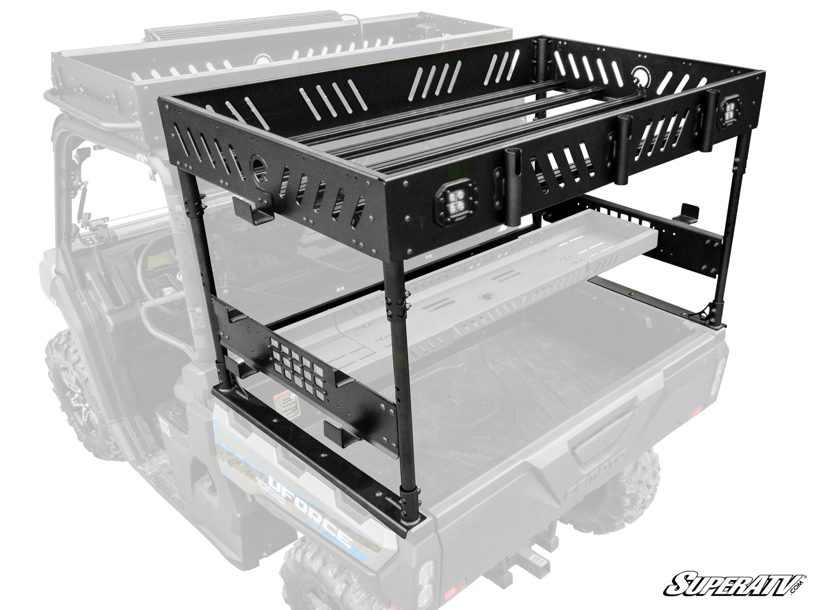 The CFMOTO UForce 1000 Outfitter Bed Rack is a black, heavy-duty metal rack with two tiers, slotted panels, tie-down points, and reinforced edges—mounted on the bed of a utility vehicle shown in partial transparency.