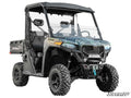 A rugged CFMOTO UForce 600 with a 2 Lift Kit and camo paint is shown from the front left, featuring big off-road tires, clear windshield, roof, side mirrors, UFORCE-branded cargo bed, and the SuperATV logo at bottom right.